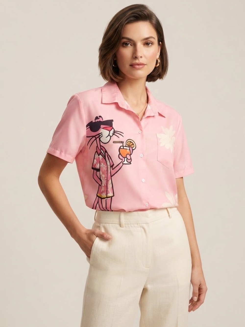 Pink Panther Hawaiian Button-Down Shirt Tropical Beach Short Sleeve Unisex